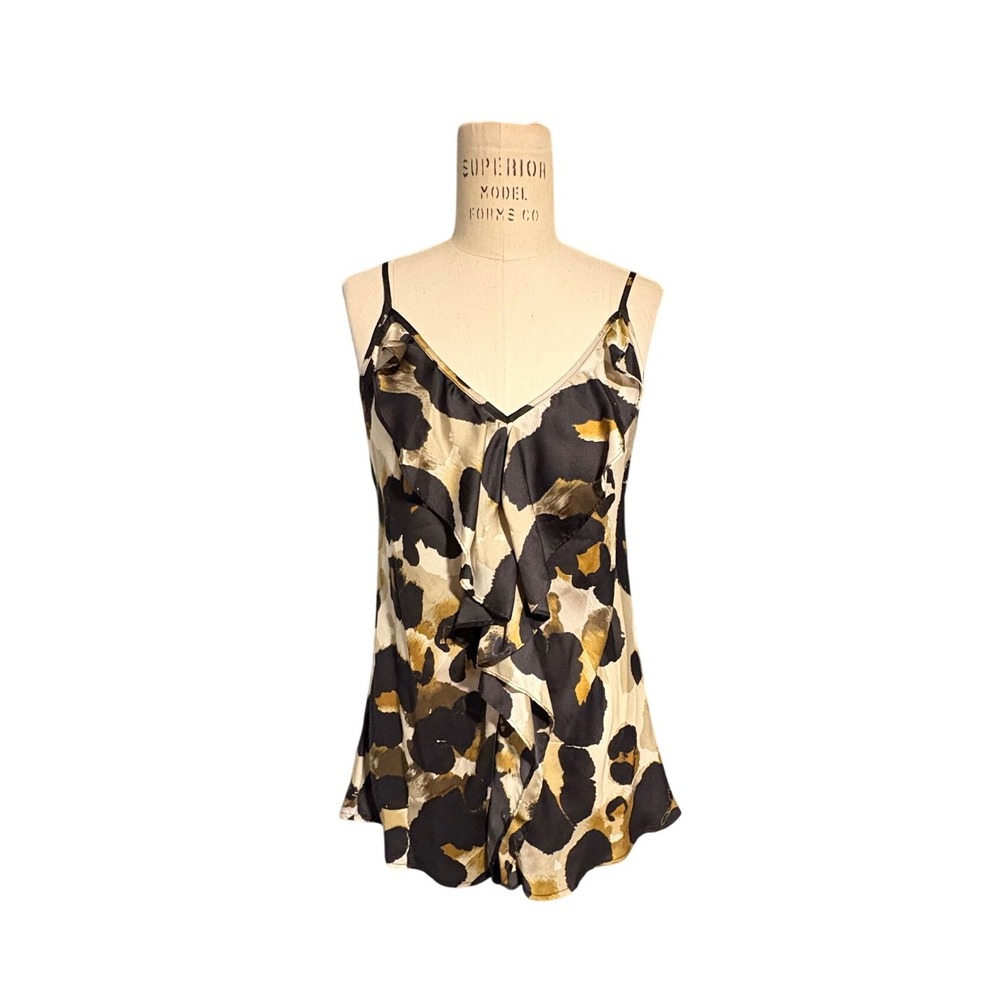 Cabi 174 Womens Animal Print Satin Ruffle V-Neck Cami Top Black Tan Cream M